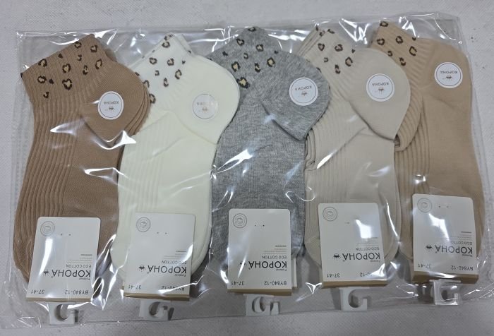 Шкарпетки "Корона" ВY-840-12 стрейч/cotton жіночі, р. 37-41 -(Укорочені /однотонні у рельєфній рубчик +по всій резинці леопардовий декор) -уп. 10 шт