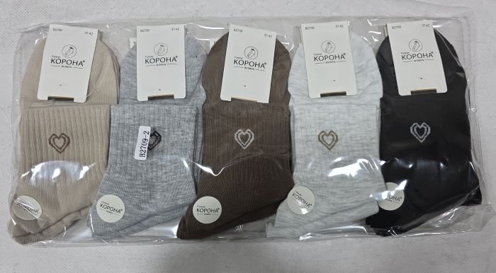 Шкарпетки "Корона" B-2709-2 стрейч /cotton жіночі, р. 37-42 -асорті -(Середні однотонні +збоку на широкій резинці в рубчик подвійне серце) - уп. 10 шт