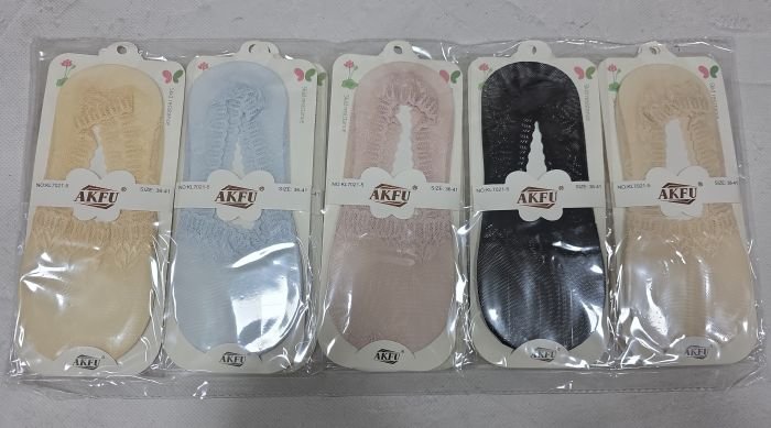 Шкарпетки-сліди "Akfu" KL-7021-5 жіночі нейлонові з бавовняною підошвою та тормозами +всередині з силіконовою смужкою, р. 36-41 -асорті -(Однотонні +з орнаментом на сіточці) -уп. 10 шт