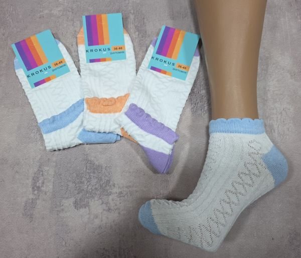 Шкарпетки Житомир "Krokus" 771-31 економ /стрейч жіночі, р. 36-40 -("економ" короткі /білі +з хвилястою кольоровою гумкою +з фактурним орнаментом у довжину) -уп. 12 шт