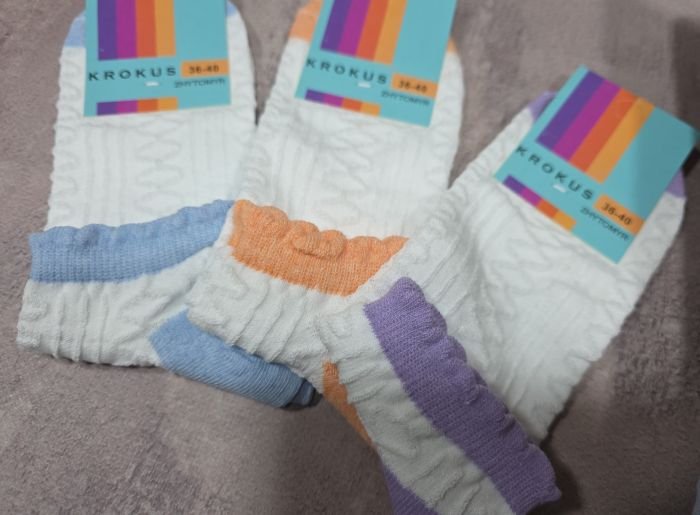 Шкарпетки Житомир "Krokus" 771-31 економ /стрейч жіночі, р. 36-40 -("економ" короткі /білі +з хвилястою кольоровою гумкою +з фактурним орнаментом у довжину) -уп. 12 шт