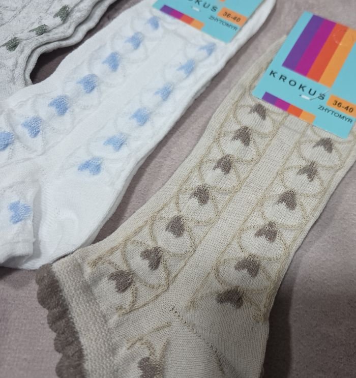 Шкарпетки Житомир "Krokus" 771-30 економ /стрейч жіночі, р. 36-40 -випадковий мікс -("економ" короткі /асорті з фактурним візерунком із орнаменту із кіл із серцями) -уп. 12 шт