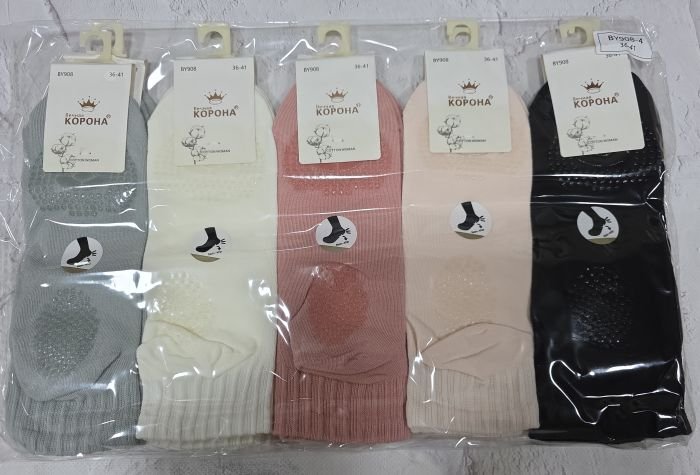 Шкарпетки "Корона" ВY-908-4 стрейч /cotton  жіночі, верх з перфорацією +з гальмами на стопі, р. 36-41 -асорті -(Укорочені/ однотонні  +гумка в рубчик +гальма на стопі) -уп. 10 шт