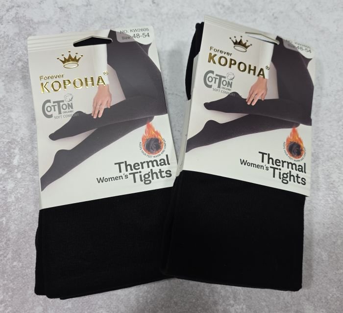 Колготки "Корона" KW-2605/48-54 термо cotton в дрібний рубчик із фланелевим утепленням до масажної стопи, позаду 2 шви -(чорні)