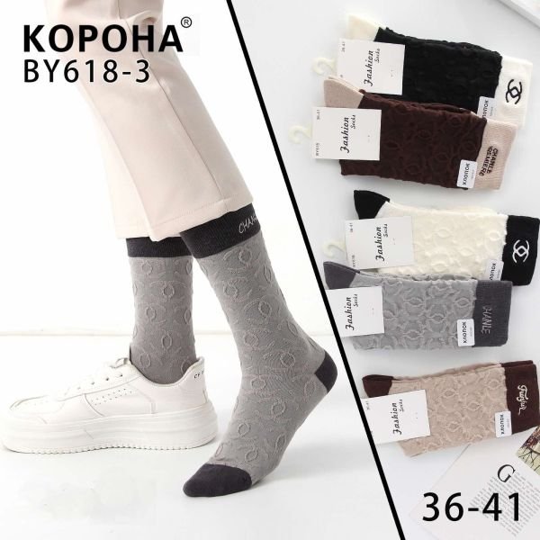 Шкарпетки "Корона /Fashion socks" BY-618-3 стрейч /cotton жіночі, р. 36-41 -асорті -(Однотонні /високі +з рельєфним візерунком +на резинці мікс різної вишивки CHA..L) -уп. 10 шт.