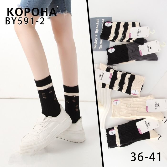 Шкарпетки "Корона" BY-591-2 стрейч / cotton жіночі, р. 36-41 - асорті - (Теніс / смугасті +однотонні в рубчик з порізами на широкій гумці) - уп. 10 шт