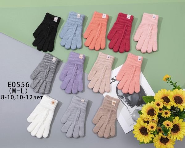 Рукавички підліткові "Корона" Е-0556 з начосом, L-(10-12 років) -(асорті -однотонні / кольорові в рубчик +рельєфний візерунок -дівчинка) -уп. 12 шт