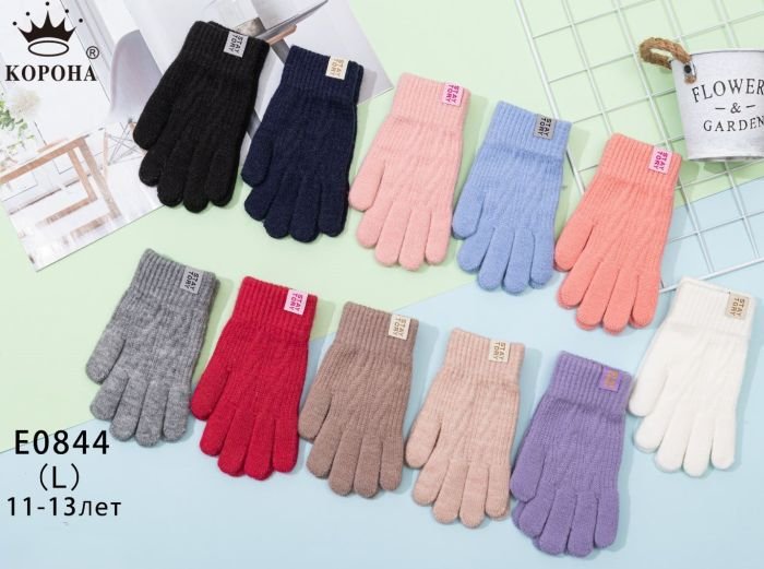 Рукавички підліткові "Корона" Е-0844 з начосом, L-(11-13 років) -(асорті -однотонні / кольорові +рельєфний візерунок -дівчинка) -уп. 12 шт
