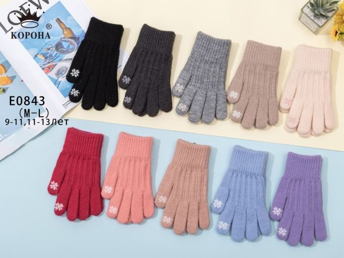 Рукавички підліткові "Корона" Е-0843 з начосом, L-(11-13 років) -(асорті -однотонні / кольорові +на пальцях сніжинки -дівчинка) -уп. 12 шт