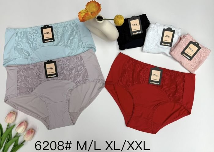 Жіночі труси "DINA Rose" 6208 нейлонові, р. M/L, XL/2XL -(46-48, 48-50) -асорті -(однотонні +спереду гіпюрова вставка) -уп. 12 шт