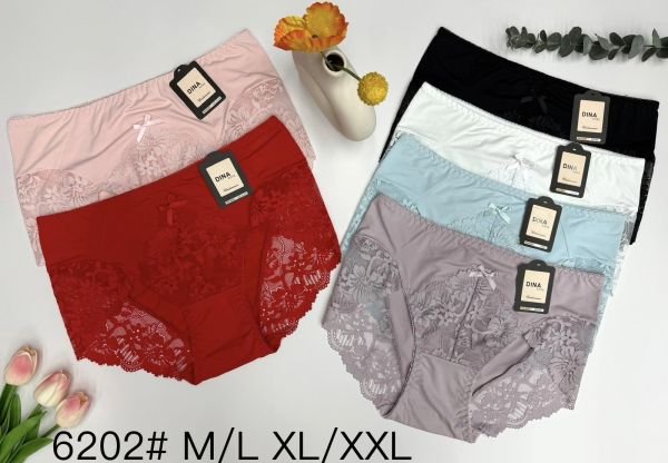 Жіночі труси "DINA Rose" 6202 нейлонові, р. M/L, XL/2XL -(46-48, 48-50) -асорті -(однотонні +спереду та ззаду гіпюрові вставки) -уп. 12 шт