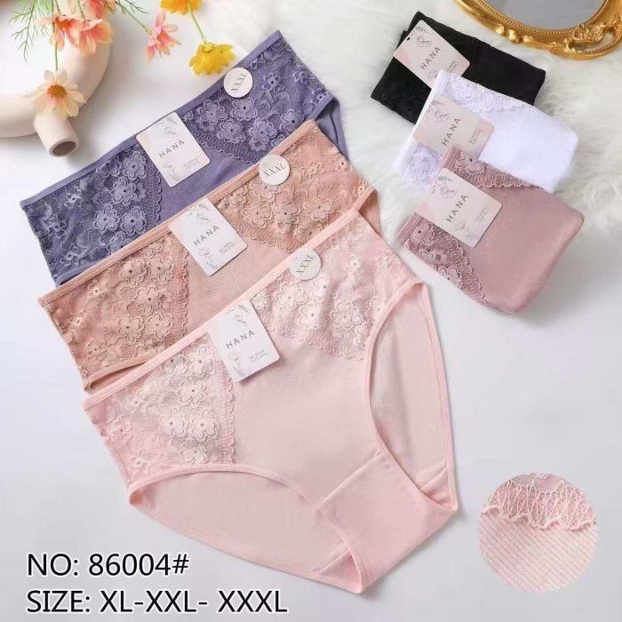 Жіночі труси "HANA" 86004 cotton, р. XL, 2XL, 3XL -(48-50, 50-52, 52-54) -асорті -(Однотонні в рубчик + спереду мереживо) -уп. 12 шт