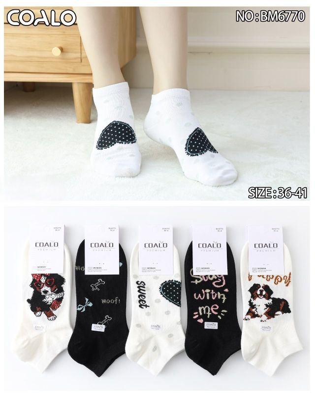 Шкарпетки "COALO" BМ-6770 стрейч /cotton жіночі, р. 36-41 -(короткі / чорні та білі +великі собачки + велике серце в крапці + написи) - уп. 10 шт
