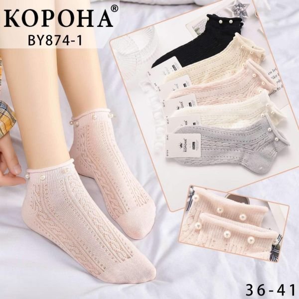 Шкарпетки "Корона" BY-874-1 стрейч /cotton жіночі, р. 36-41 -асорті -(Короткі /однотонні з в'язаним візерунком колосок +на гумці перлини) -уп. 10 шт
