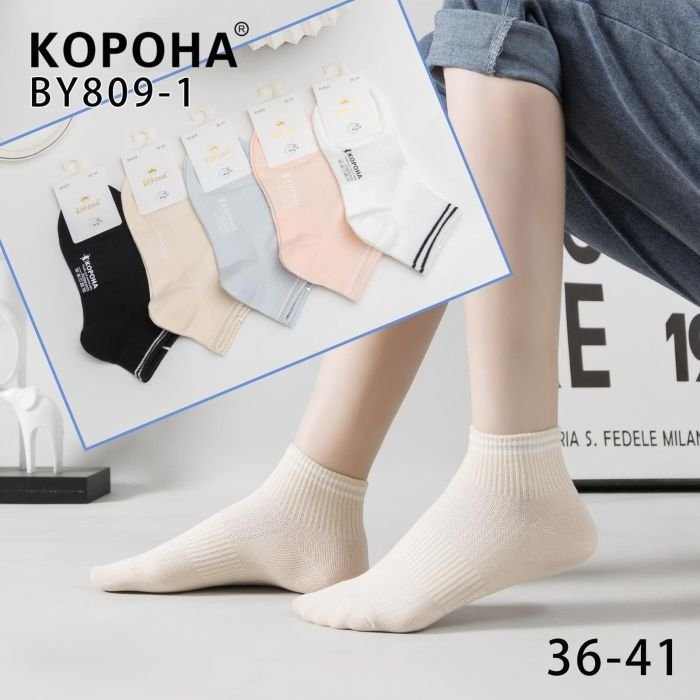 Шкарпетки "Корона" BY-809-1 сітка жіночі, р. 36-41 -асорті -(сіточка /укорочені -однотонні +на середній гумці в рубчик дві смужки +посередині гумка фіксатор) - уп. 10 шт