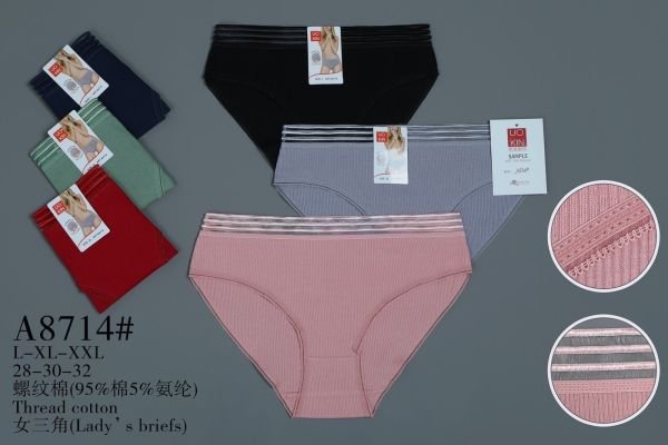 Жіночі труси "UOKIN" А-8714 cotton, р. L, xl, 2xl -(44, 46, 48) -асорті -(Однотонні в рубчик +з прозорою гумкою в смужку) -уп. 12 шт