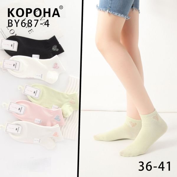 Шкарпетки "Корона" BY-687-4 стрейч жіночі, р. 36-41 -асорті -(Укорочені /однотонні +на гумці в рубчик вишиті різного кольору серця) -уп. 10 шт