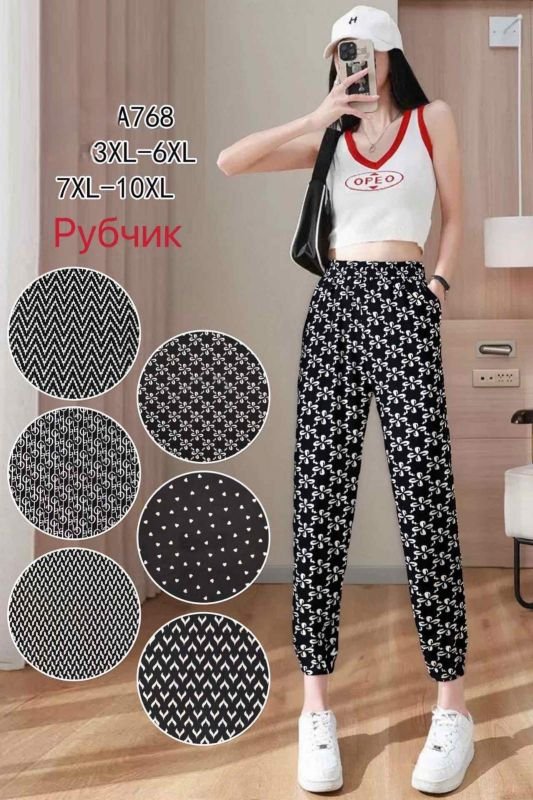 Лосини-султанки "ЗОЛОТО" 768 у рубчик з легкої шовковистої тканини +з боків кишені, низ на гумці манжеті, р. 3XL/6XL-(46-50), 7XL/10XL-(52-56) -(Чорно-білий мікс -без вибору забарвлення!!!)