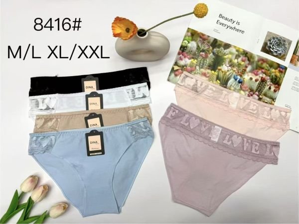 Жіночі труси "DINA rose" NO:8416 cotton, р. M/L-(46-48), L/XL -(48-50) -асорті -(Однотонні +ззаду і з боків гіпюрова гумка) -уп. 12 шт