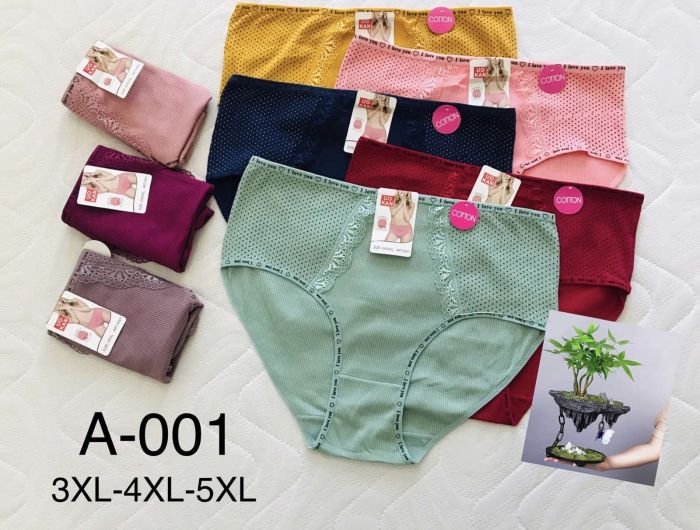 Жіночі труси "UO KАN" А-001 cotton, р. 3ХL, 4ХL, 5ХL -(50, 52, 54) -асорті -(Однотонні в рубчик +спереду з боків вставки в дрібний горошок +спереду мереживо) -уп. 12 шт
