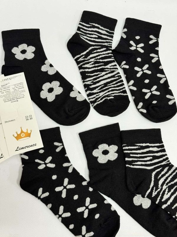Шкарпетки Житомир "Limerence" 403-75 стрейч жіночі, р. 36-40 -асорті -(середні /чорні +мікс білих візерунків -зебра та квіти -стрейч) -уп. 12 шт