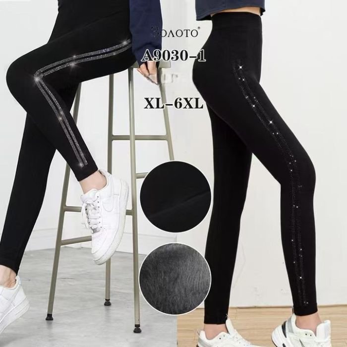 Лосини "Золото" 9030-1 безшовні з мікрофібри на тонкому хутрі +з боків лампаси зі страз, р. ХL/6XL (48-52) -(чорні)