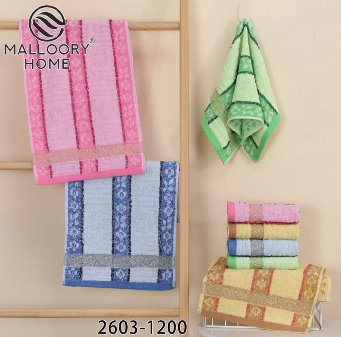 Рушник 2603-1200 кухонний махровий /cotton, розмір 25*50 -уп. 20 шт -(Кольорові +на широких смужках квіти +вставка із золотою вишивкою -кухня 25*50)