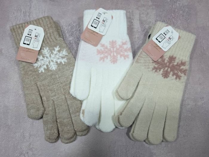 Рукавички жіночі "Anjela" 2031 з начосом +з пальцем для сенсорного екрану -(Карамельний мікс +на меланжевій вставці сніжинка) -уп. 12 шт.