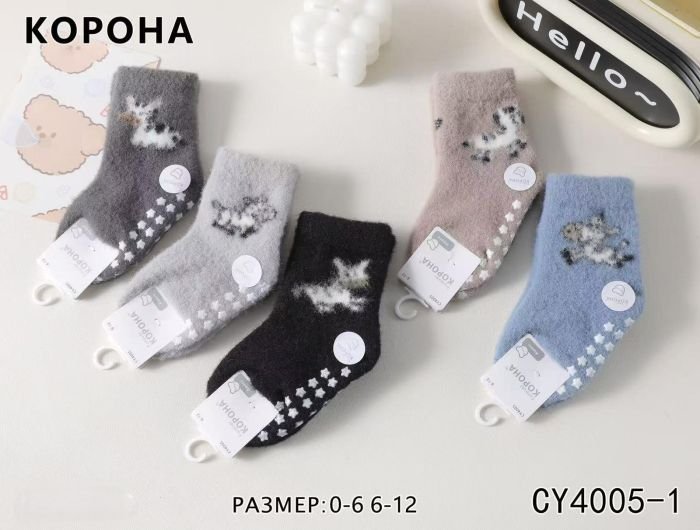 Шкарпетки "КОРОНА" CY-4005-1 альпака вовна з гальмами на стопі дитячі, р. 0-6м /8-10 см, 6-12м /10-12 см -асорті -("Бебіки" -під гумкою різні звірятка +на стопі силіконові гальма) -уп. 10 шт