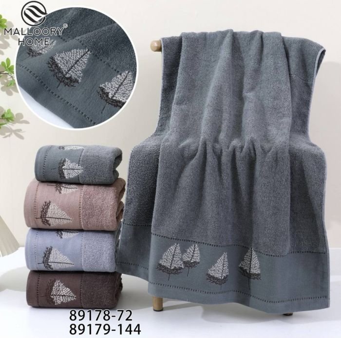 Рушник 89178-72 банний cotton -махра, р. 140*70 -уп. 8 шт -(Однотонний +на вставці вишиті світлі з темним листочки -баня)