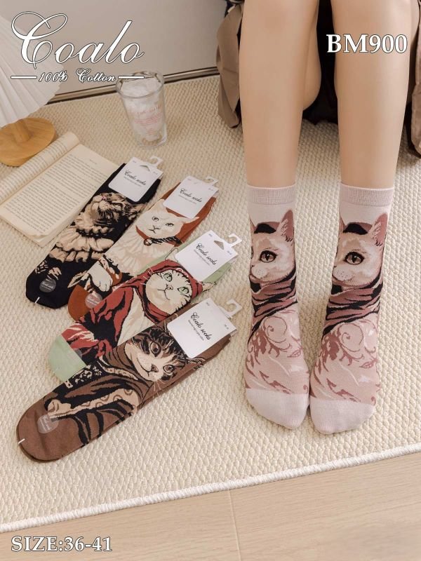 Шкарпетки "COALO" BМ-900 стрейч /cotton жіночі, р. 36-41 -асорті -(Високі /3D -подовжений мікс великих дорослих котів) - уп. 10 шт