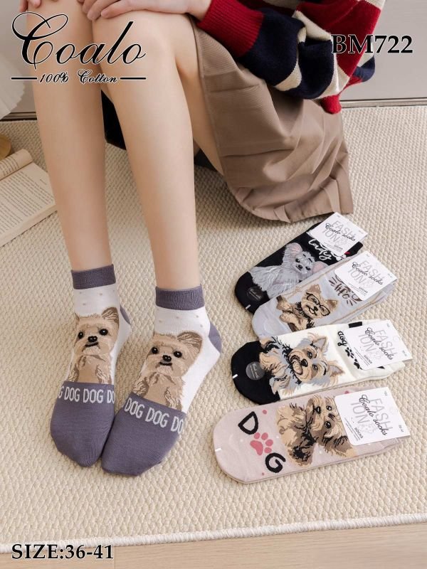 Шкарпетки "COALO" BМ-722 стрейч /cotton жіночі, р. 36-41 -асорті -(укорочені /3D -мікс собачок йорків) - уп. 10 шт