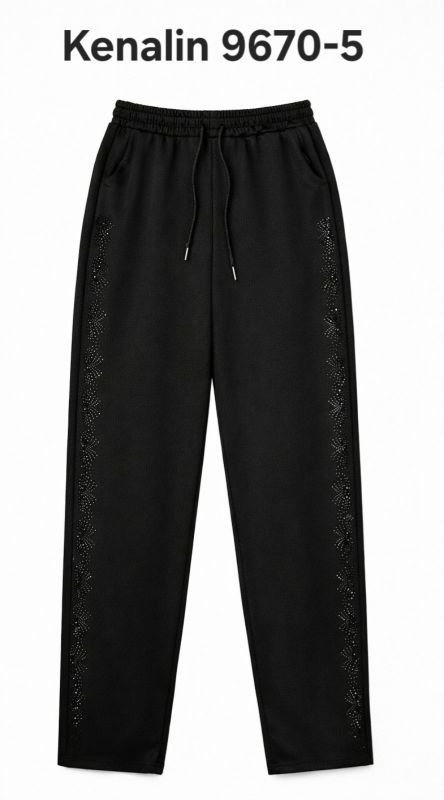 Лосини брючні "KENALIN" 9670-5 з прямим низом, верх на резинці +з боків у довжину візерунок з чорних камінчиків +спереду з боків кишені, р. 2XL/3XL-(46-50), 3XL/4XL-(48-52), 4XL/5XL-(50-54), 5XL/6XL-(52-56) -(чорні) -уп. 1 шт