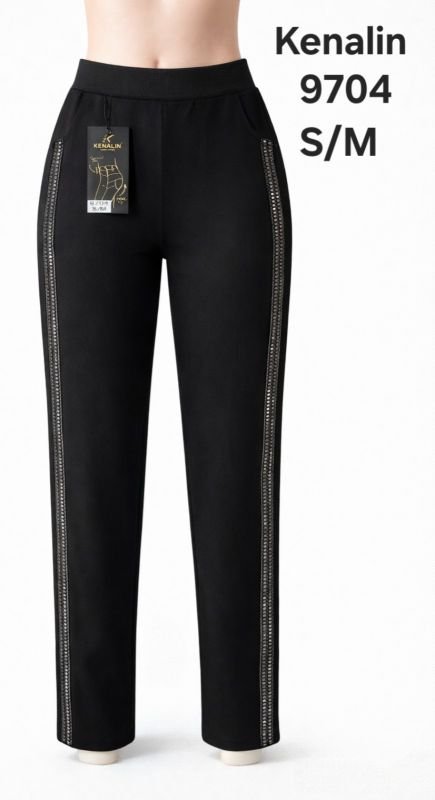 Лосини брючні "KENALIN" 9704 зі щільного стрейча +з боків шкіряні рельєфні лампаси з декором +спереду кишені, р. S/м-(42-44) -(чорні)
