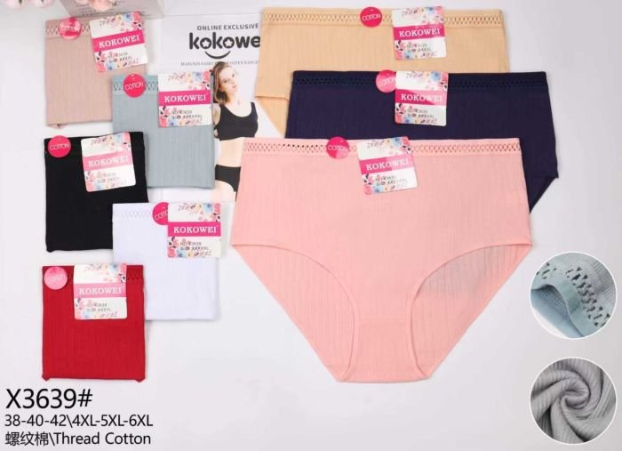 Жіночі труси "Kokowei" 3639 cotton, р. 4ХL, 5xl, 6xl -(54-56, 56-58, 58-60) -асорті -(однотонні в рубчик +тонка гумка з візерунком з сіточки) -уп. 12 шт