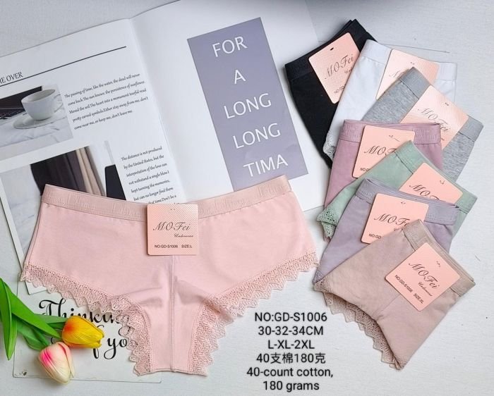 Жіночі труси "MO Fei" GD-S-1006 cotton, р. L, xl, 2xl -(44-46, 46-48, 48-50) -асорті -(Однотонні +з плоскою гумкою +з мереживом по ніжці) -уп. 12 шт