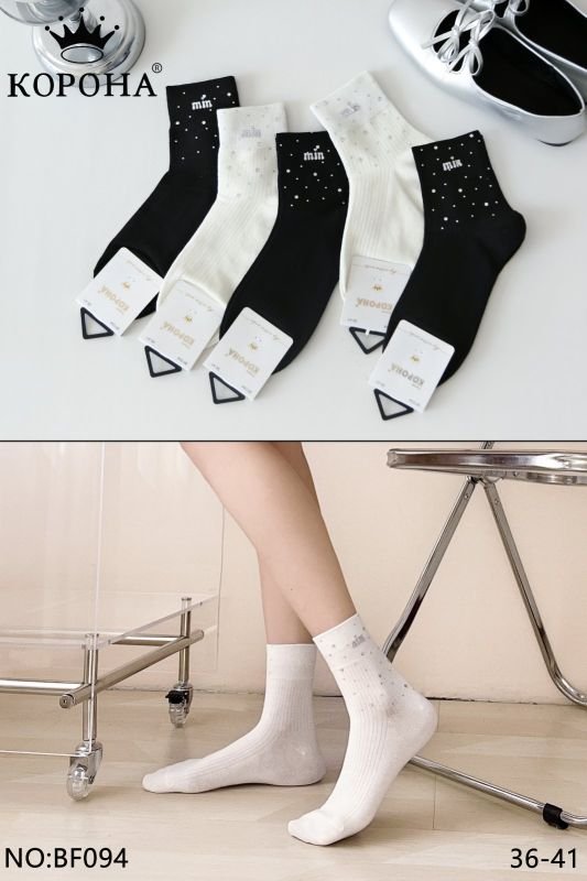 Шкарпетки "Корона" ВF-094 -(BY-950-3) стрейч/ cotton жіночі, р. 36-41 -асорті -(Середні /однотонні в рубчик +на гумці камінці та напис "min") -уп. 10 шт
