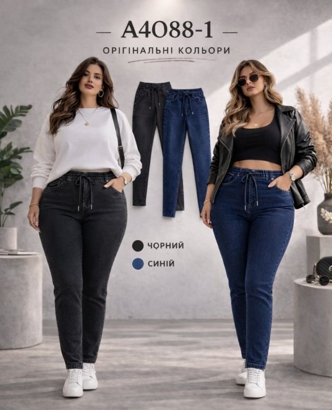 Джинси "ЛАСТОЧКА" 4088-1 джинси стрейч +спереду та ззаду кишені, пояс на резинці, р. 4XL/5XL-(52-54), 5XL/6XL-(54-56), 6XL/7XL-(56-58), 7XL/8XL-(58-60)