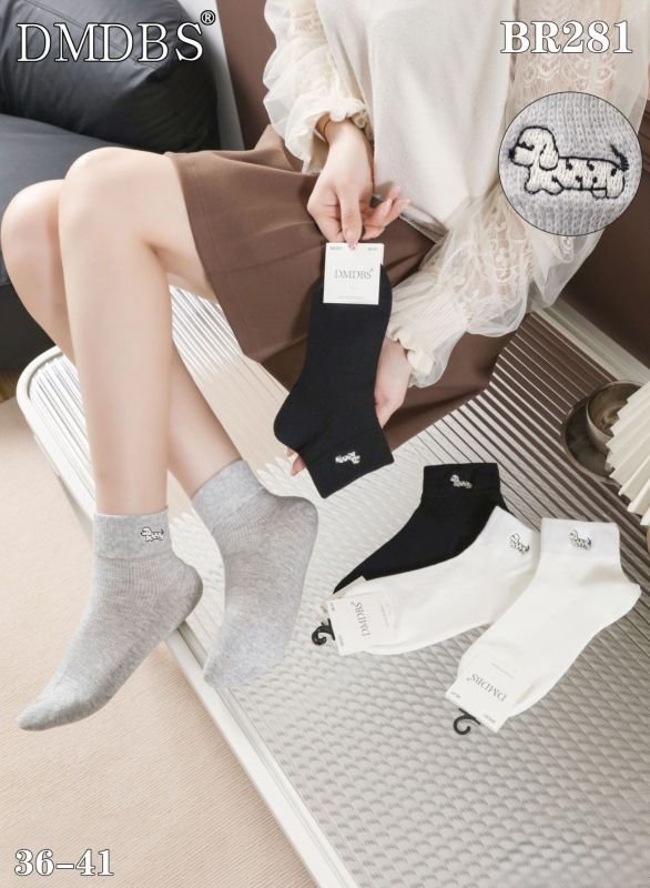 Шкарпетки "DMDBS" BR-281 стрейч /cotton жіночі, р. 36-41 -асорті -(Укорочені /однотонні в дрібний рубчик +збоку на гумці вишита маленька собачка такса) - уп. 10 шт