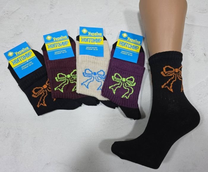 Шкарпетки "Житомир Преміум" 112-64 стрейч жіночі, р. 23-25 -випадкове асорті -(Однотонні +збоку різнокольорові бантики на широкій гумці в рубчик) -уп. 12 шт