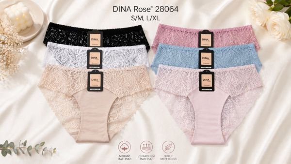 Жіночі труси "DINA Rose" 28064 cotton, р. S/M, L/XL -(46-48, 48-50) -асорті -(однотонні +під гумкою і ззаду мереживо) -уп. 12 шт
