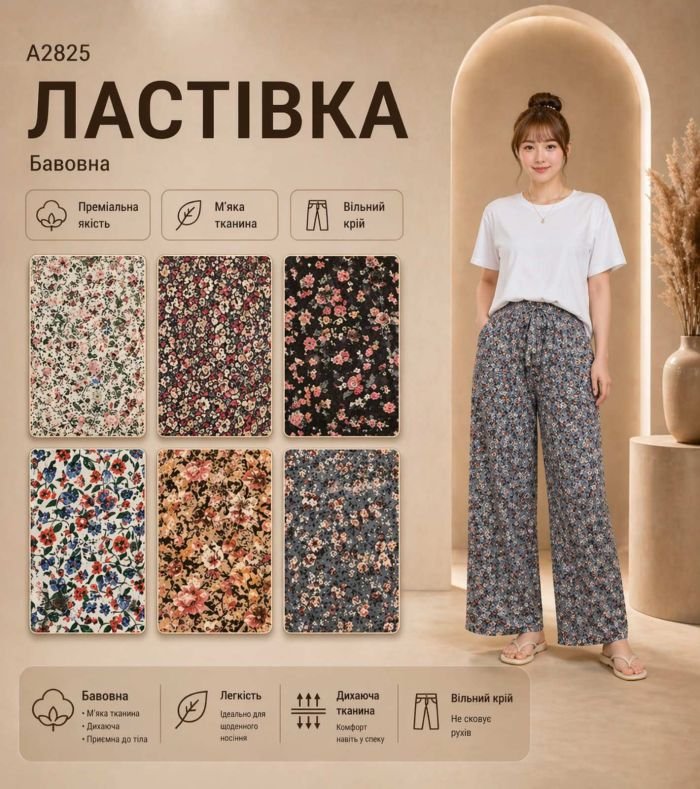 Прогулянкові штани "Ластівка" А-2825 з легкої тканини жатка, вільного крою з широким низом, пояс на резинці, р. 3XL/7XL-(46-50), 8XL/10XL-(50-54) -(Без вибору забарвлення!)