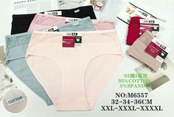 Жіночі труси "HANA" New М-6557 cotton, р. 2XL, 3XL, 4XL -(48, 50, 52) -асорті -(Однотонні з мереживом) -уп. 12 шт