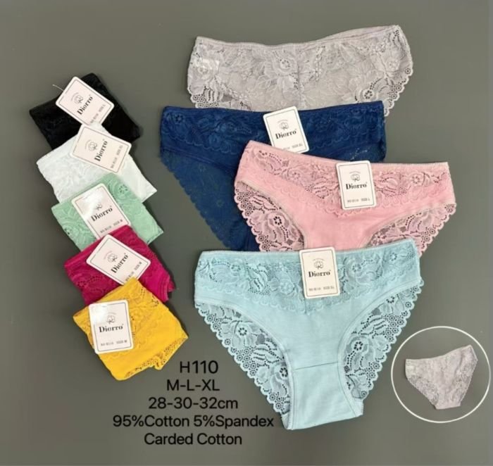 Жіночі труси "Diorro" New Н-110 cotton, р. М, L, XL -(42-44, 44-46, 46-48) -асорті -(Однотонні мереживні) -уп. 12 шт