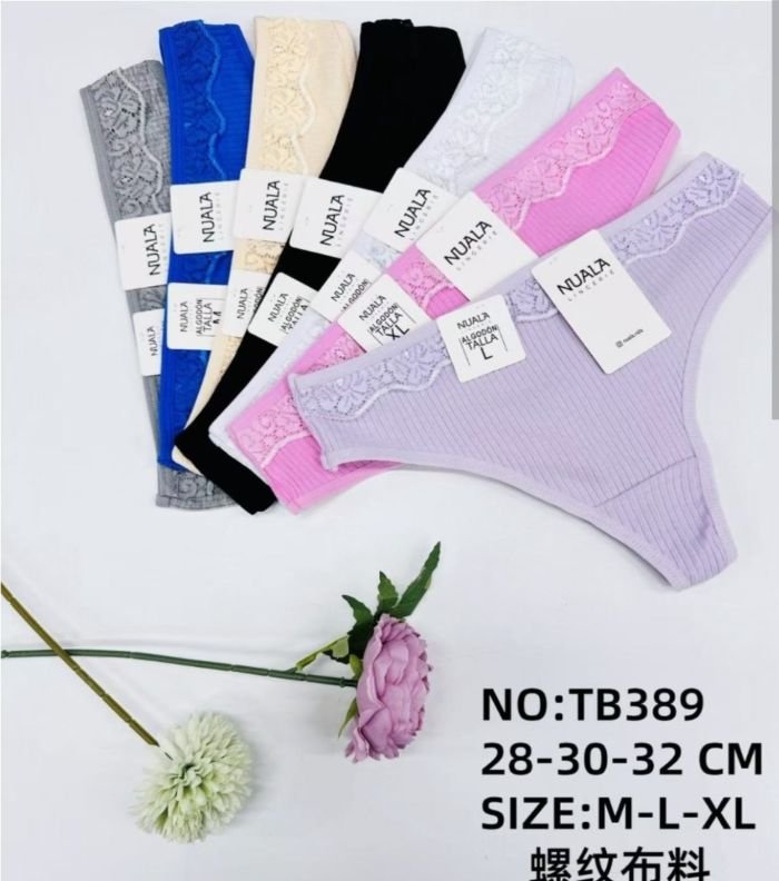 Жіночі труси /стрінги "NUALA" New ТВ-389 cotton, р. М, L, XL -(42-44, 44-46, 46-48) -асорті -(Однотонні в рубчик з мереживом) -уп. 12 шт