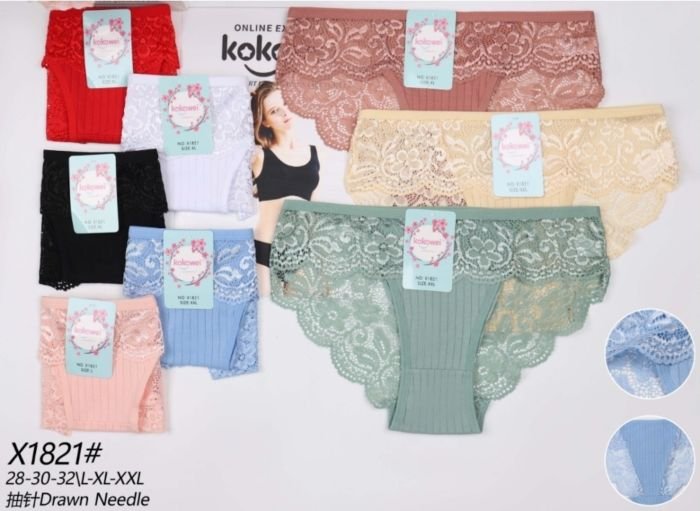 Жіночі труси "Kokowei" New Х-1821 cotton, р. L, XL, 2XL -(42-44, 44-46, 46-48) -асорті -(Однотонні в рубчик з мереживом) -уп. 12 шт