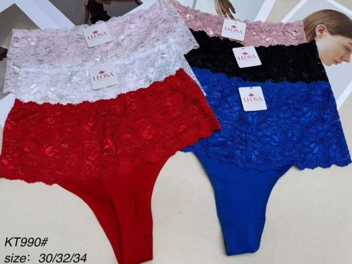Жіночі труси /стрінги New "LEONA" КТ-990 cotton, р. 48, 50, 52 -асорті -(Однотонні з мереживом) -уп. 12 шт