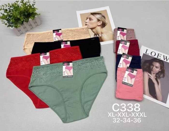 Жіночі труси "YIYI LUCKY" New С-338 cotton, р. XL, 2XL, 3XL -(48, 50, 52) -асорті -(Однотонні з мереживом) -уп. 12 шт