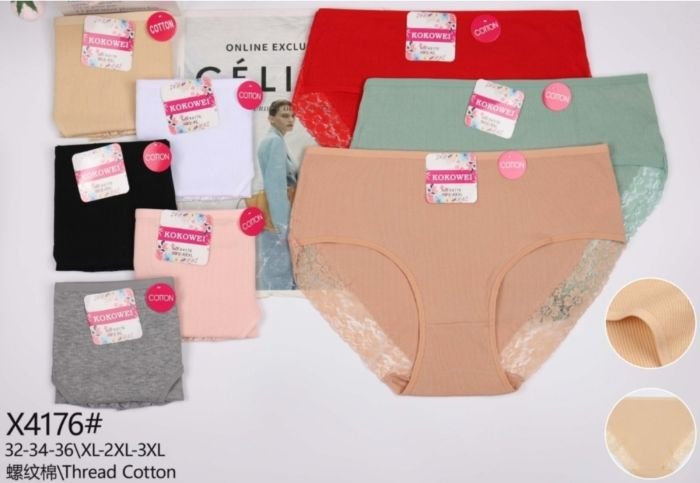 Жіночі труси "Kokowei" New Х-4176 cotton, р. ХL, 2XL, 3XL -(48, 50, 52) -асорті -(Однотонні в рубчик з мереживом) -уп. 12 шт