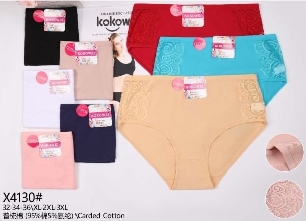 Жіночі труси "Kokowei" New Х-4130 cotton, р. ХL, 2XL, 3XL -(48, 50, 52) -асорті -(Однотонні з мереживом) -уп. 12 шт